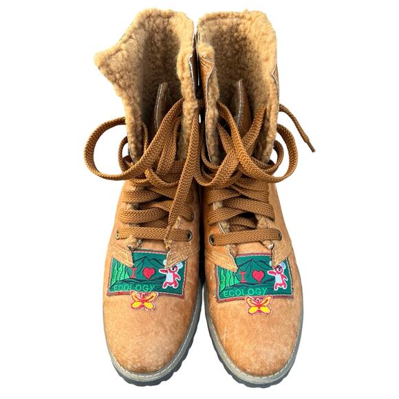 I Love Ecology Sherpa Lined Tan Brown Green Patches Combat Lace Up Boots sz 7.5 - Picture 4 of 8